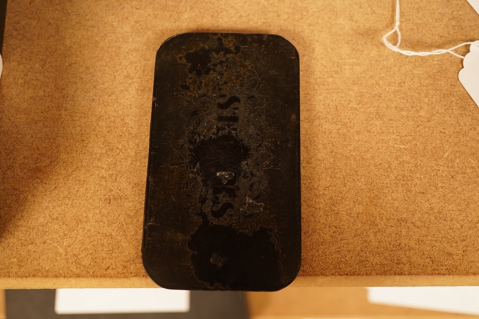 A Victorian papier-mâché cigar envelope with a portrait of Jenny Lind to the cover, 13cm high